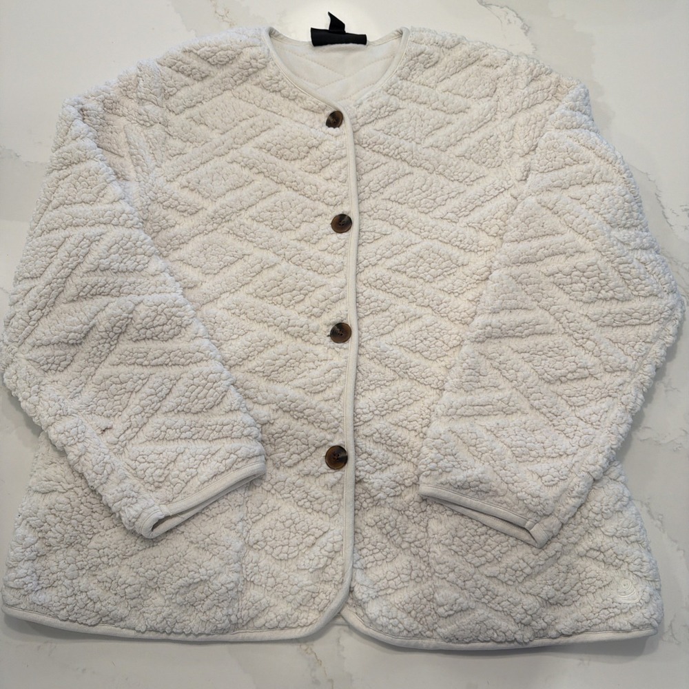 Cuddl Duds Jacket Women Large White EUC Quilted Sherpa Button Front Fleece